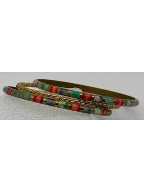 Lot of Three Vintage Bangle Bracelets 2 Brass Multicolor Inlay 1 Gold Tone Metal